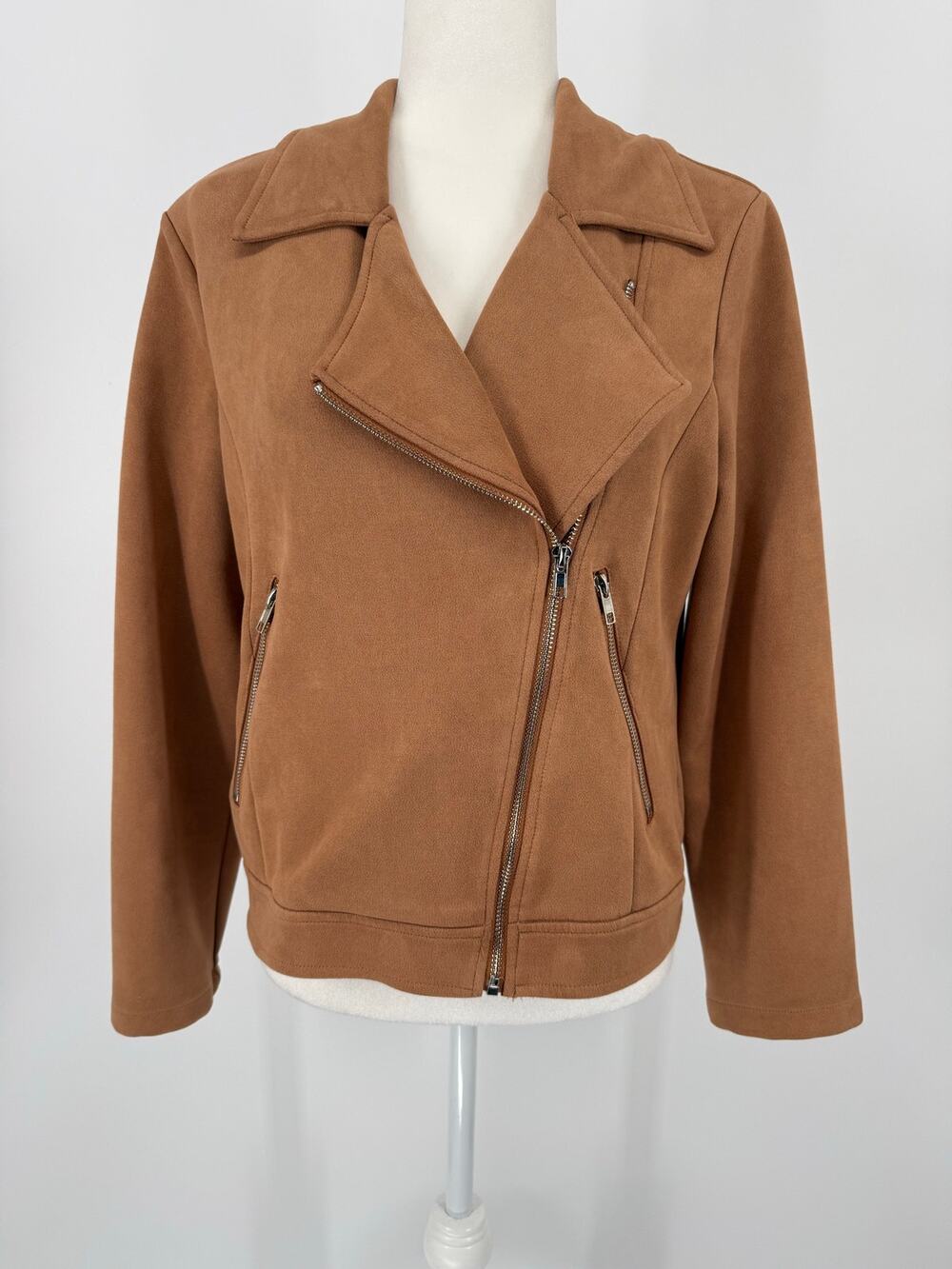 KIRUNDO Camel Brown Faux Suede Moto Biker Jacket Asymmetrical Zip Size M